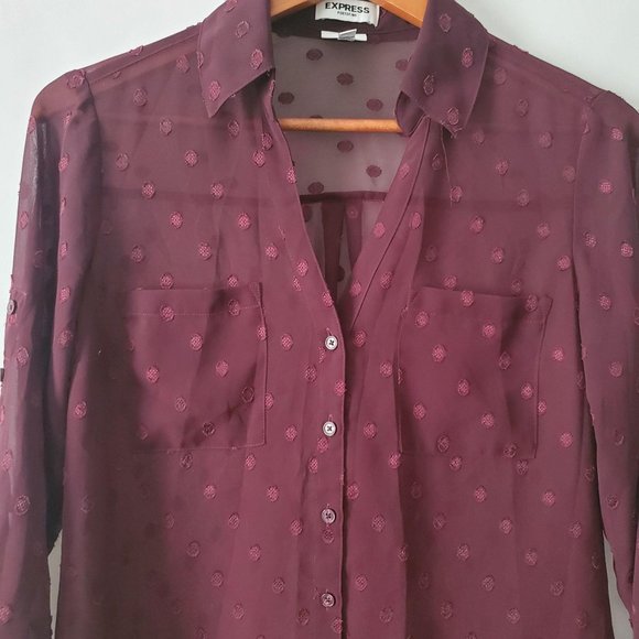 Express Women's Wine Red Slim Dotted Sheer Roll Tab Sleeve Portofino Shirt S/P - Picture 15 of 15